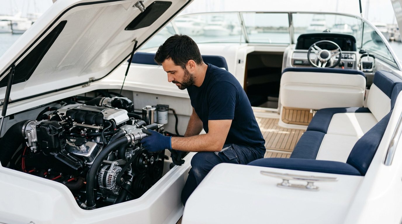 Marine technician inspecting an inboard engine through the open engine hatch